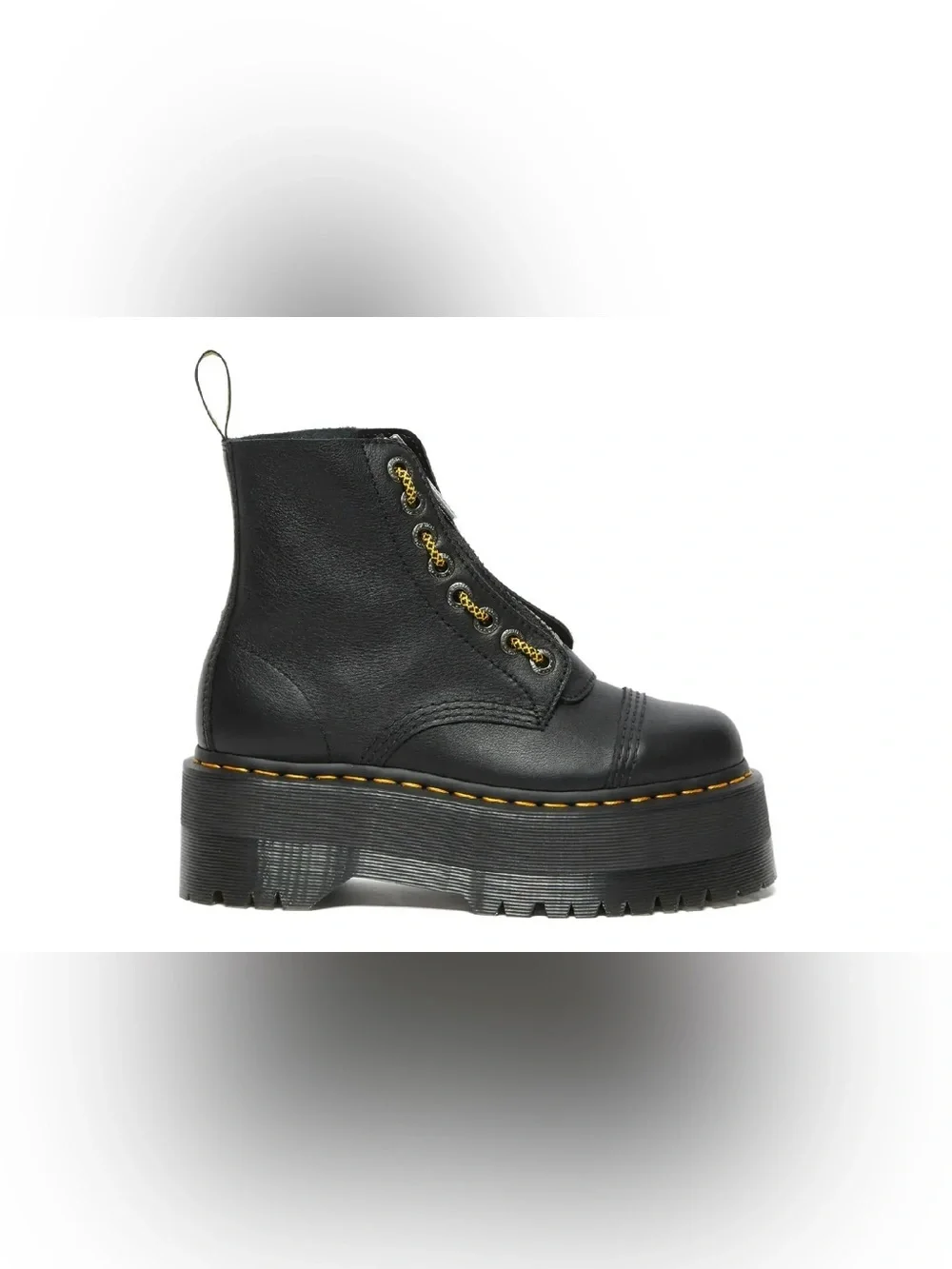 Dr. Martens Sinclair Black Leather Platform Ankle Boots with Yellow Stitching